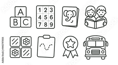 Line vector icons of children’s learning: ABC block, number chart, animal flashcard, storytime icon, memory game, tracing sheet, reward sticker, school bus.