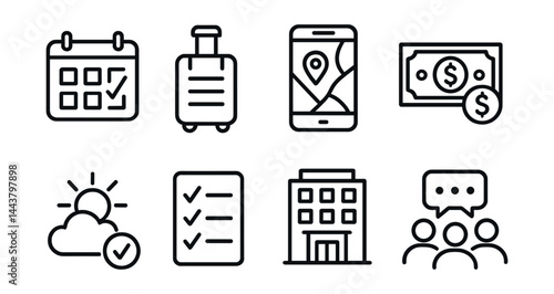 Line vector icons of holiday planning: calendar mark, suitcase icon, travel app, vacation budget, weather check, trip checklist, hotel booking, group chat.