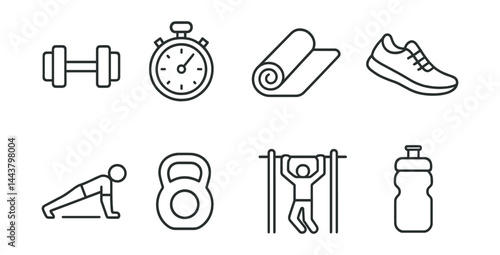 Line vector icons of workout training: dumbbell, stopwatch, yoga mat, gym shoe, push-up icon, kettlebell, pull-up bar, water bottle.
