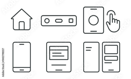 Line vector icons of mobile interface design: home button, bottom nav, floating action button, gesture icon, tab bar, card component, drawer menu, app layout.