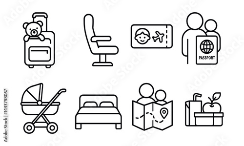 Line vector icons of family travel: suitcase with teddy, airplane seat, child ticket, parent passport, stroller icon, hotel bed, family map, snack box.