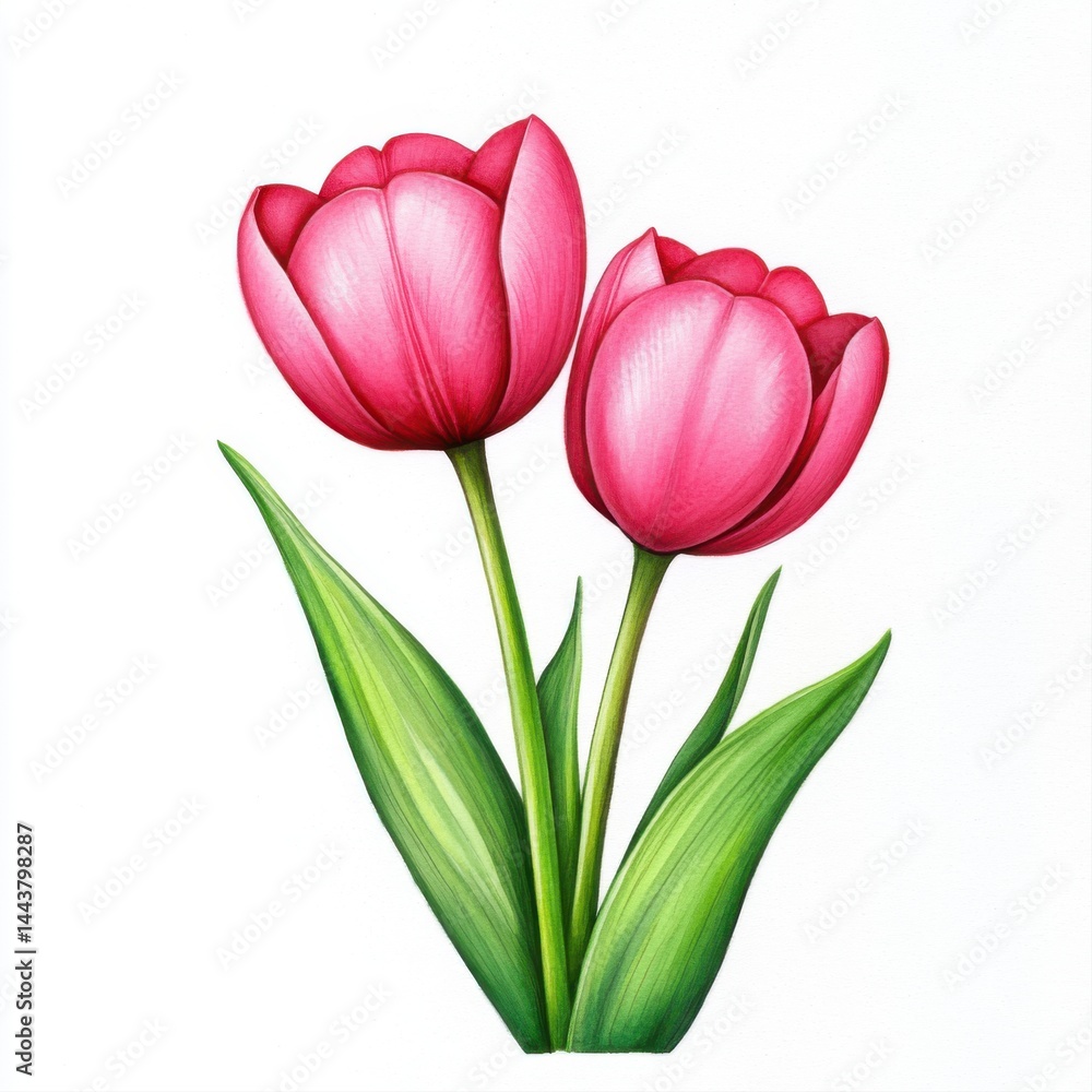 Bright Pink Tulips with Green Leaves on a Clean White Background
