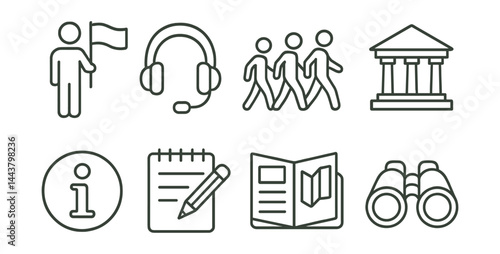 Line vector icons of guide and tours: guided flag, headset audio, walking group, museum icon, info point, travel notes, guidebook, binoculars.