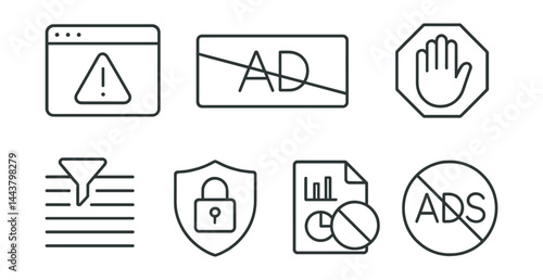 Line vector icons of ad blockers: pop-up alert, blocked banner, browser extension, stop icon, filter list, privacy shield, block report, no ads sign.