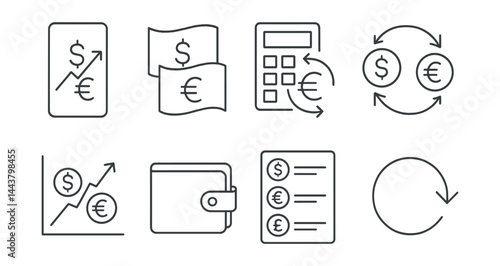 Line vector icons of currency converter: currency rates, flag icons, calculator exchange, money arrows, conversion chart, wallet icon, currency list, refresh button.