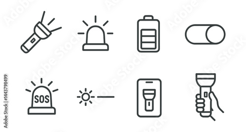 Line vector icons of flashlight tools: flashlight beam, strobe icon, battery indicator, toggle switch, SOS flash, brightness slider, flashlight app, hand-hold light.