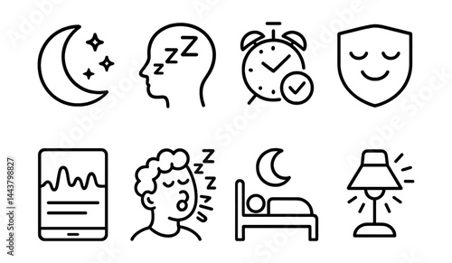 Line vector icons of sleep tracking: moon symbol, sleep stages, bedtime alarm, sleep score, sleep graph, snoring icon, deep sleep, wake-up light.