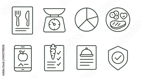 Line vector icons of diet and nutrition: meal plan, food scale, macro chart, healthy plate, calorie tracker, grocery list, recipe card, diet badge.