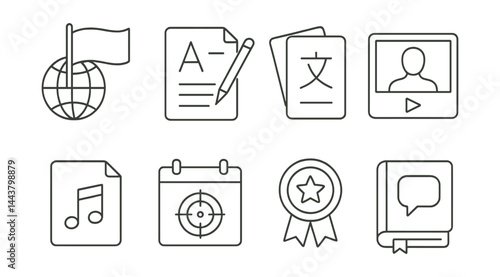 Line vector icons of language courses: flag globe, grammar icon, flashcards, lesson video, audio file, daily goal, achievement badge, phrasebook.