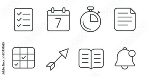 Line vector icons of productivity tools: task checklist, calendar date, focus timer, notes app, habit tracker, goal arrow, day planner, notification alert.