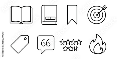 Line vector icons of reading tracker: book icon, chapter progress, bookmark, reading goal, genre tag, quote save, rating stars, reading streak.