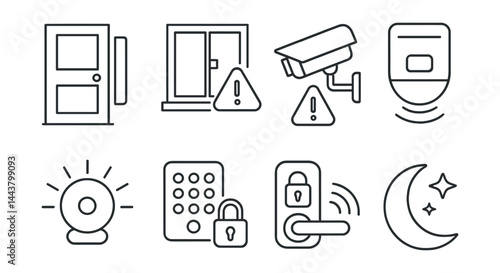 Line vector icons of smart home security: door sensor, window lock, camera alert, motion detector, alarm bell, keypad entry, smart lock, night mode.