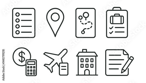 Line vector icons of travel planner apps: trip list, destination pin, itinerary icon, packing checklist, travel budget, flight info, hotel booking, travel notes.