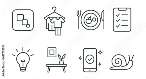Line vector icons of minimalist lifestyle apps: declutter icon, capsule wardrobe, simple meal plan, task simplicity, focus light, mindful space, digital clean, slow living.