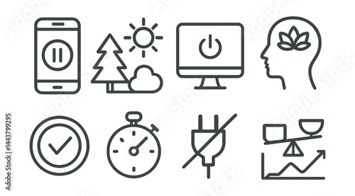 Line vector icons of digital detox tools: phone pause, nature icon, screen off, mindful activity, focus mode, digital timer, unplug symbol, balance graph.