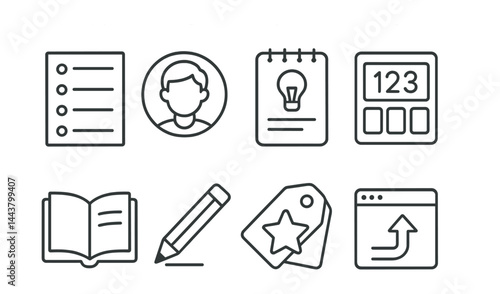 Line vector icons of creative writing apps: story outline, character icon, writing prompt, word count, chapter icon, edit pen, genre tag, publish icon.