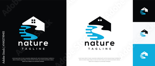 River house logo design. Nature house logo template. House logo symbol icon with river