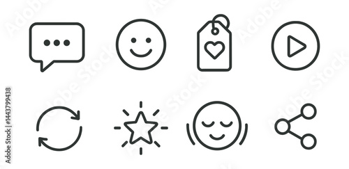 Line vector icons of daily affirmation tools: quote bubble, positive icon, mantra tag, voice play, repeat loop, star glow, calm tone, share button.