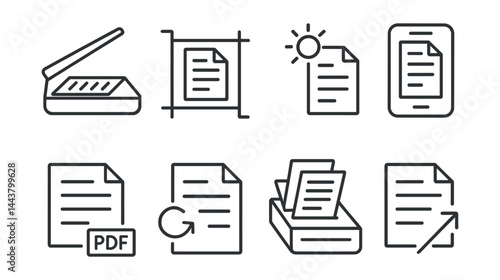 Line vector icons of document scanner tools: scan icon, crop frame, enhance contrast, auto detect, PDF export, page rotate, multi-page scan, share option.