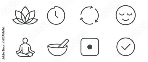 Line vector icons of meditation apps: lotus icon, timer ring, breathing guide, calm face, daily practice, sound bowl, focus dot, session complete.
