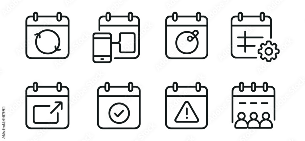 Line vector icons of smart calendar integrations: synced icon, connected apps, meeting tag, automated entry, calendar share, event status, conflict alert, invite list. Line vector icons of smart calendar integrations: synced icon, connected apps, meeting tag, automated entry, calendar share, event status, conflict alert, invite list.