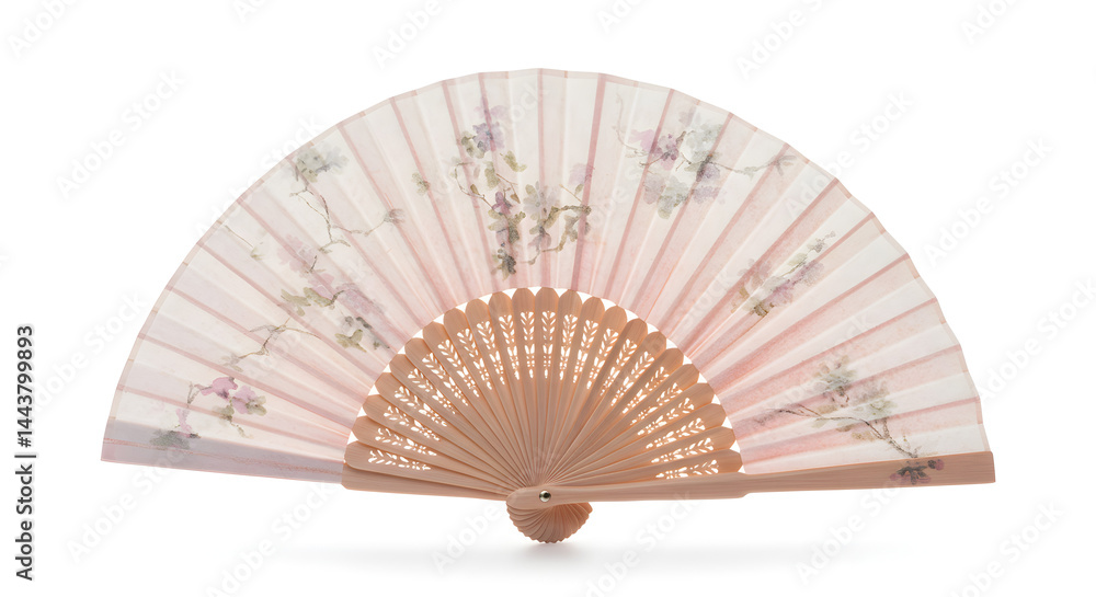 Hand fan with floral pattern isolated on white background