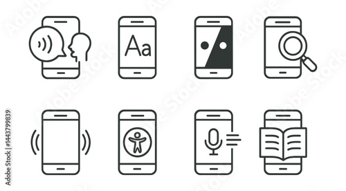 Line vector icons of mobile accessibility tools: voice command, text size, high contrast, magnifier icon, vibration alert, accessibility shortcut, speech-to-text, reading mode.
