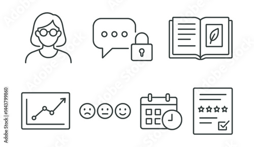 Line vector icons of online therapy tools: therapist profile, secure chat, video call icon, journal entry, progress session, emotion tracker, appointment icon, feedback form.
