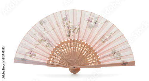 Hand fan with floral pattern isolated on white background