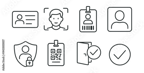 Line vector icons of digital ID tools: ID card, face scan, barcode pass, profile photo, secure badge, QR credential, access granted, verify icon.