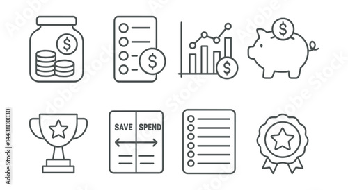 Line vector icons of budgeting for kids: coin jar, allowance tracker, spending chart, piggy bank, reward icon, save/spend chart, weekly goals, star badge.