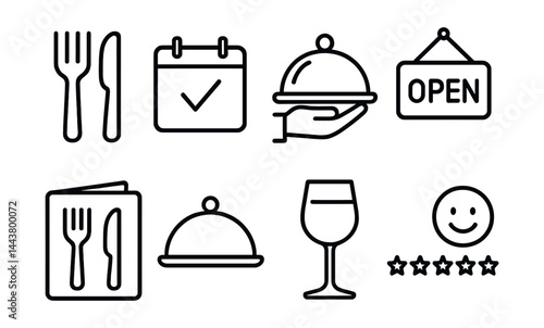 Line vector icons of restaurant services: fork and knife, reservation icon, waiter tray, open sign, meal menu, dish cover, drink glass, customer rating.