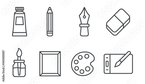 Line vector icons of art supplies: paint tube, sketch pencil, ink pen, eraser block, brush jar, color palette, canvas frame, drawing tablet.