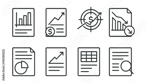 Line vector icons of financial reports: bar graph, earnings chart, profit icon, loss tracker, report sheet, growth arrow, expense table, audit document.