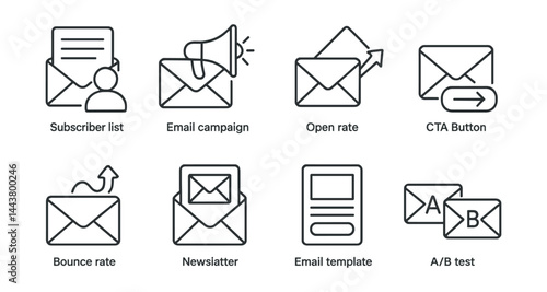 Line vector icons of email marketing: subscriber list, email campaign, open rate, CTA button, bounce rate, newsletter icon, email template, A/B test.