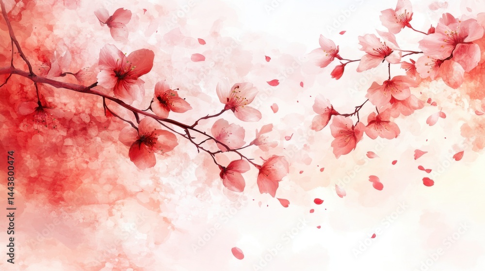 Delicate Cherry Blossom Branch with Petals on Soft Pink Background