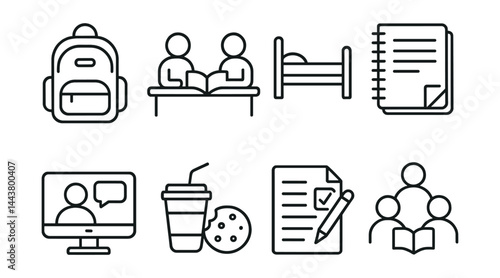 Line vector icons of student life: backpack icon, study session, dorm bed, lecture note, online class, snack break, exam paper, group study.