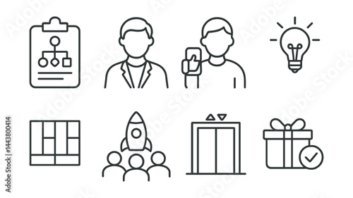 Line vector icons of entrepreneurship: business plan, founder icon, early adopter, innovation spark, lean canvas, startup community, elevator pitch, value proposition.