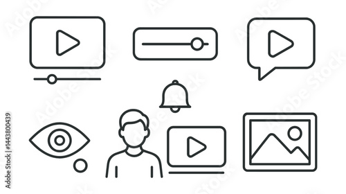 Line vector icons of video content: play icon, video timeline, subscribe button, video comment, stream alert, viewer count, content creator, thumbnail frame.