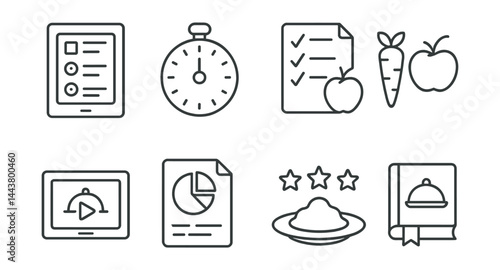 Line vector icons of cooking apps: step-by-step recipe, timer icon, ingredient list, grocery sync, video instruction, nutrition chart, dish rating, bookmark meal.