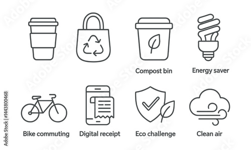 Line vector icons of sustainability habits: reusable cup, zero waste bag, compost bin, energy saver, bike commute, digital receipt, eco challenge, clean air icon.