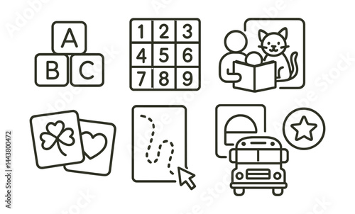Line vector icons of children’s learning: ABC block, number chart, animal flashcard, storytime icon, memory game, tracing sheet, reward sticker, school bus.