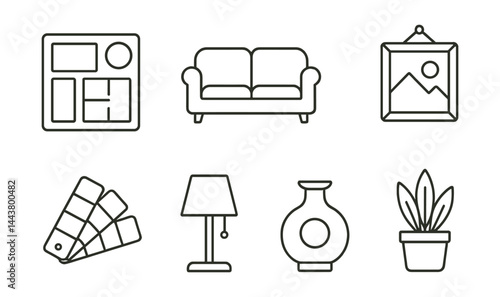 Line vector icons of interior design: mood board, sofa icon, room layout, wall art, color sample, lamp icon, decor piece, plant pot.