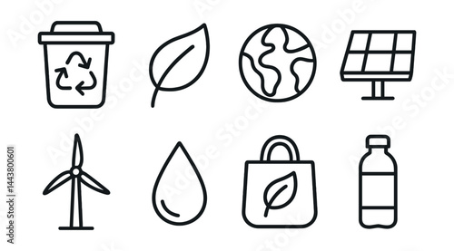 Line vector icons of environmental awareness: recycle bin, green leaf, globe icon, solar panel, wind turbine, water drop, eco bag, reusable bottle.