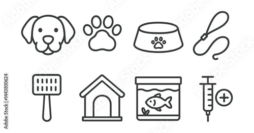Line vector icons of pet care: dog face, cat paw, pet bowl, leash, grooming brush, pet house, fish tank, vaccination icon.