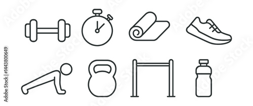 Line vector icons of workout training: dumbbell, stopwatch, yoga mat, gym shoe, push-up icon, kettlebell, pull-up bar, water bottle.