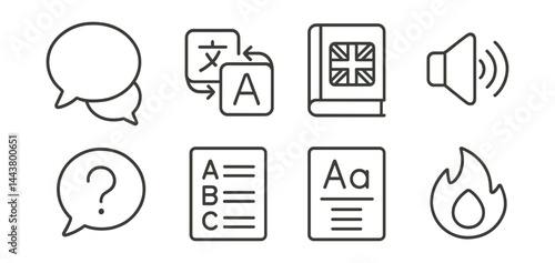 Line vector icons of language learning apps: speech bubble, translation icon, book with flag, audio playback, quiz question, vocabulary list, grammar rule, daily streak.