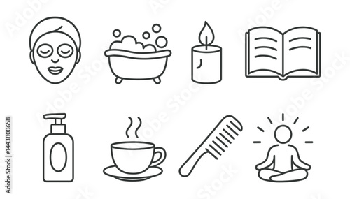 Line vector icons of self-care activities: face mask, bubble bath, candle, book, skincare bottle, tea cup, comb, mindfulness icon.