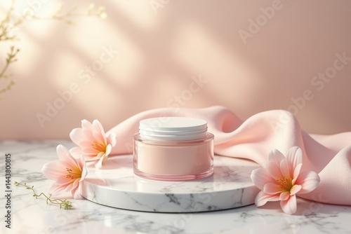 luxurious mockup of a customizable cosmetic product packaging, cream jar or perfume bottle, placed on a marble surface with soft reflections, surrounded by delicate flowers and a silk cloth