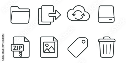 Line vector icons of file manager tools: folder icon, move files, cloud sync, storage info, zip file, file preview, tag label, delete option.